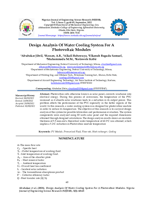 (PDF) Design Analysis Of Water Cooling System For A Photovoltaic Modules