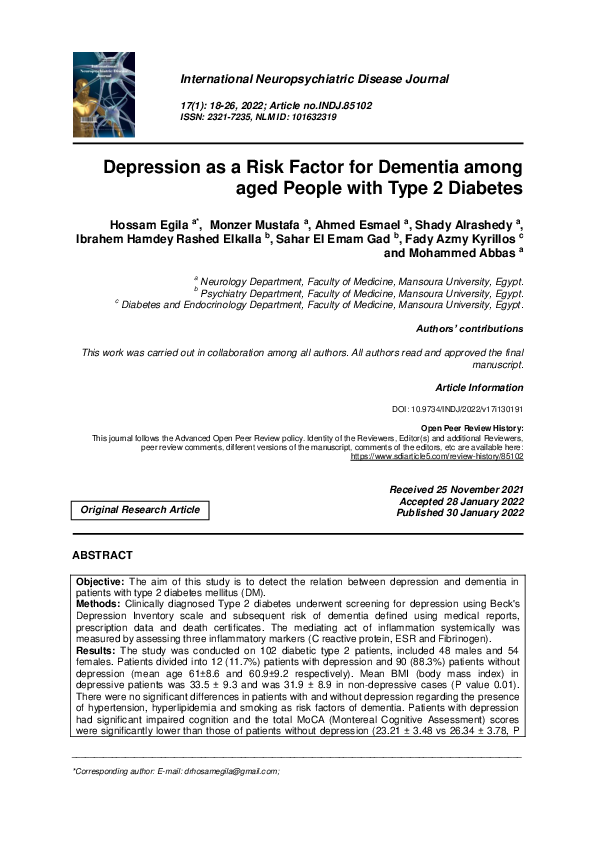 (PDF) Depression as a Risk Factor for Dementia among aged People with ...