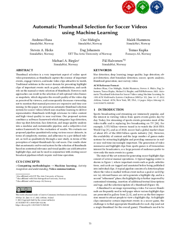 (PDF) Automatic thumbnail selection for soccer videos using machine ...