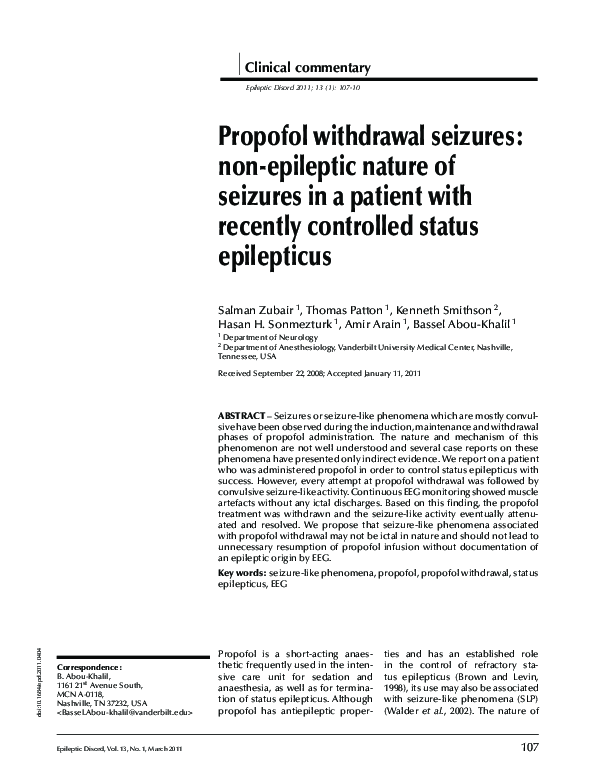 (PDF) Propofol withdrawal seizures: non-epileptic nature of seizures in ...