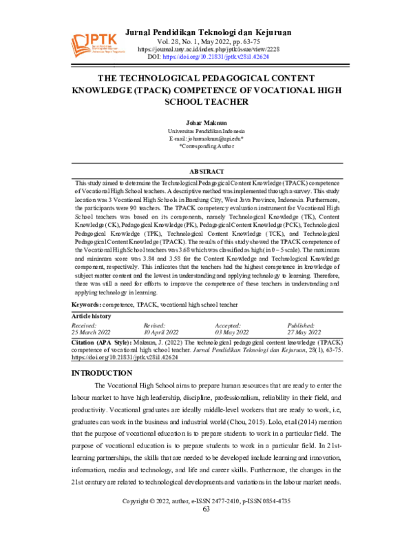 (PDF) The Technological Pedagogical Content Knowledge (TPACK ...