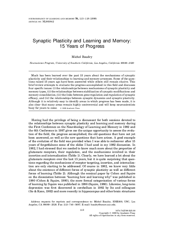 (PDF) Synaptic Plasticity and Learning and Memory: 15 Years of Progress