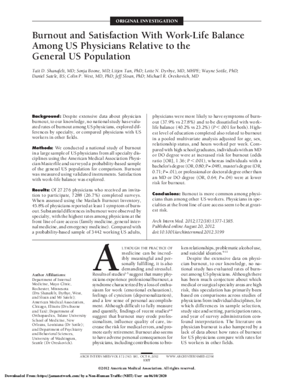 (PDF) Burnout and Satisfaction With Work-Life Balance Among US ...