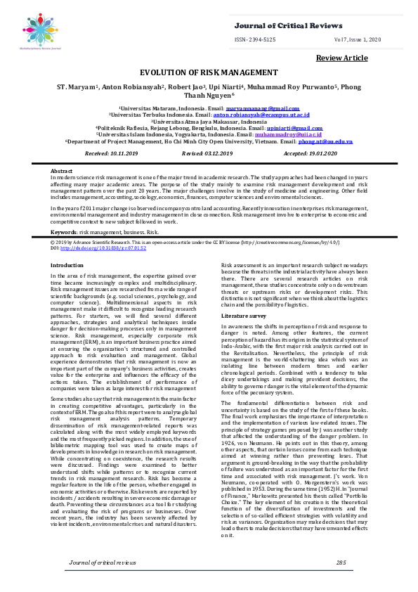 Pdf Evolution Of Risk Management