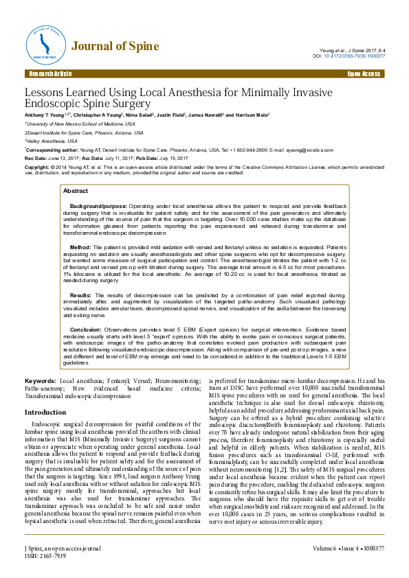 (PDF) Lessons Learned Using Local Anesthesia for Minimally Invasive
