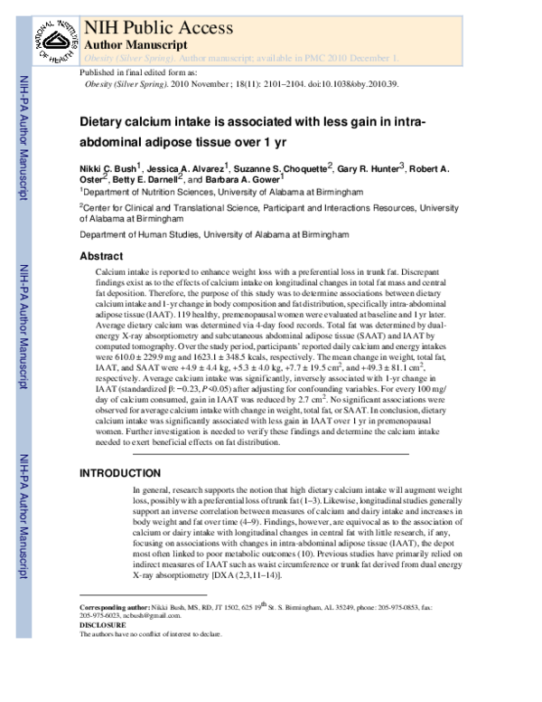 Dietary Calcium Intake Is Associated With Less Gain in Intra-Abdominal Adipose Tissue Over 1 Year
