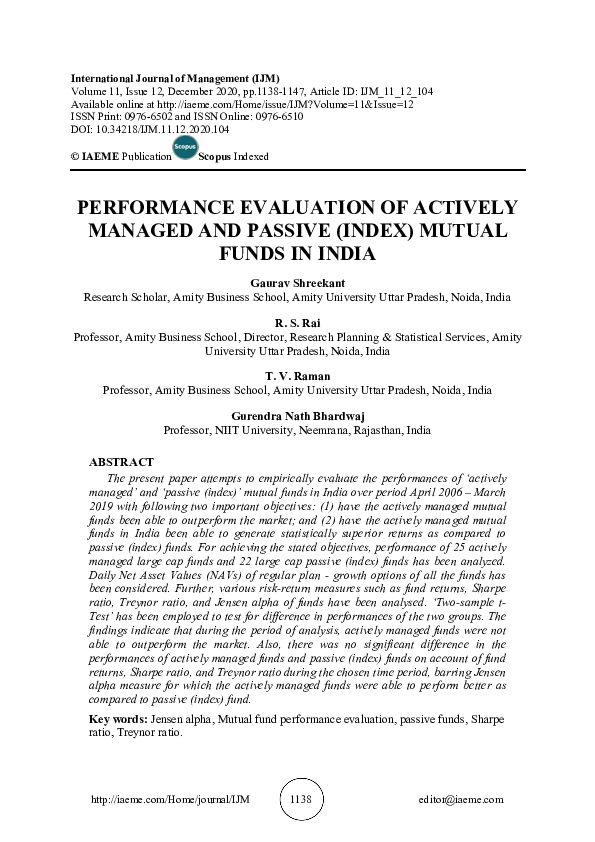 (PDF) Performance Evaluation of Actively Managed and Passive (Index ...