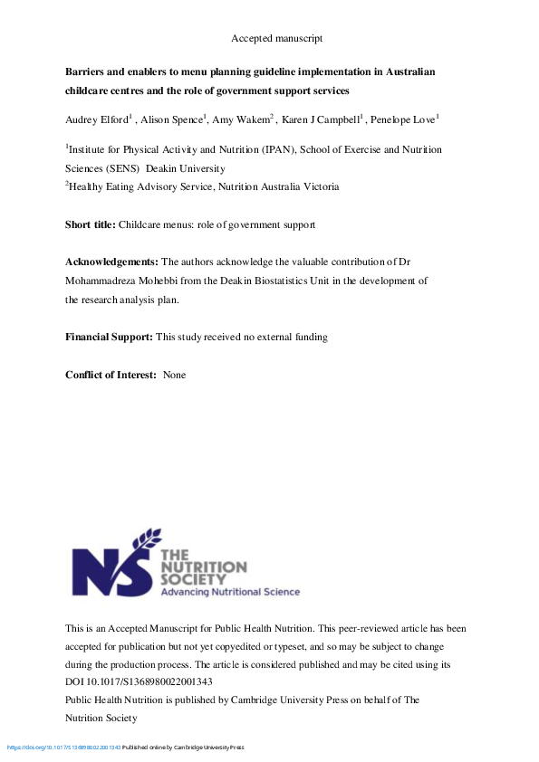 (PDF) Barriers and enablers to menu planning guideline implementation ...