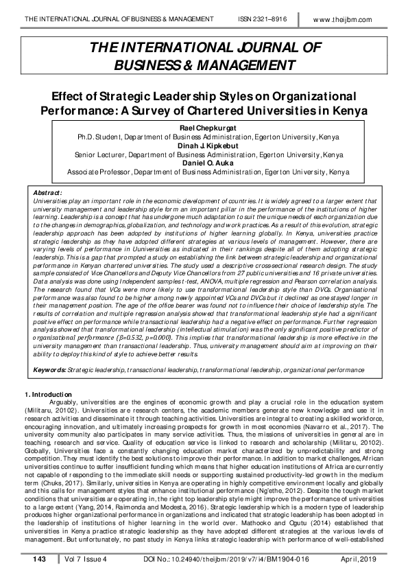 (PDF) Effect of Strategic Leadership Styles on Organizational ...