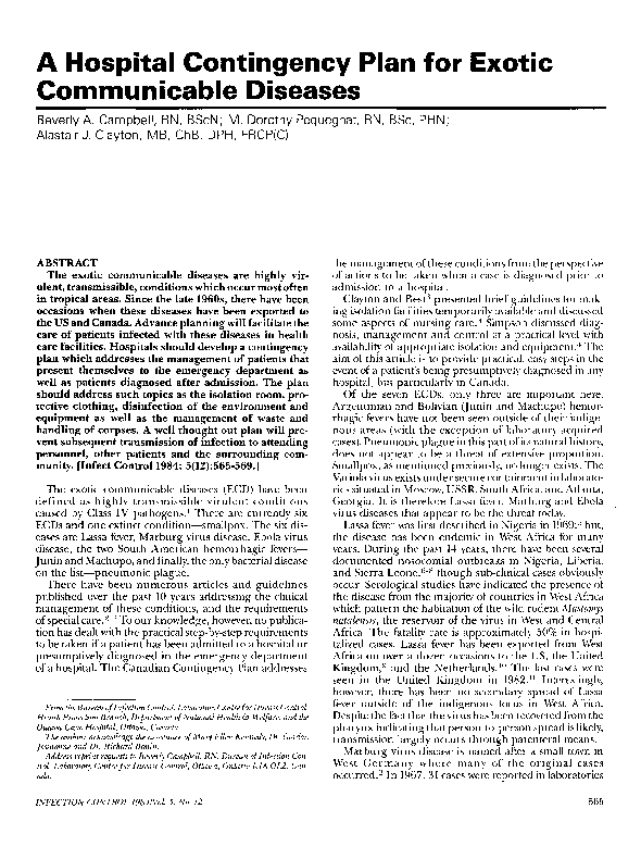 (PDF) A Hospital Contingency Plan for Exotic Communicable Diseases