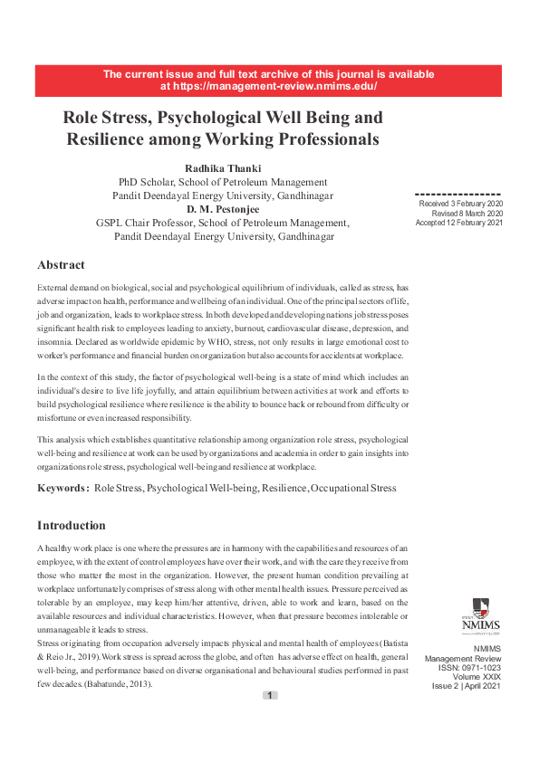 (PDF) Role Stress, Psychological Well Being and Resilience among ...