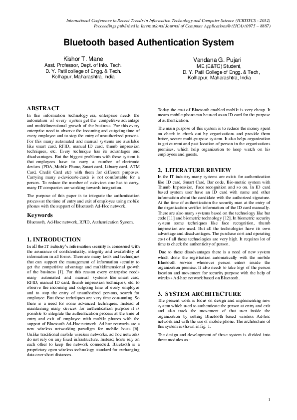 (PDF) Bluetooth based Authentication System
