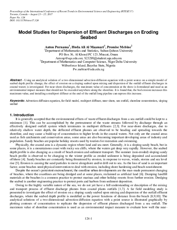 (PDF) Model Studies for Dispersion of Effluent Discharges on Eroding Seabed