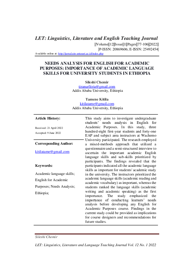  pdf needs analysis for english for academic purposes importance of