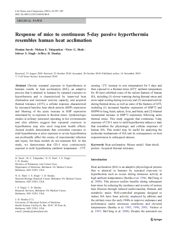 (PDF) Response of mice to continuous 5-day passive hyperthermia ...