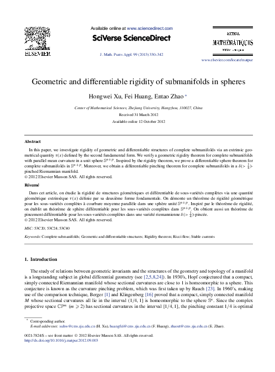 (PDF) Geometric and differentiable rigidity of submanifolds in spheres