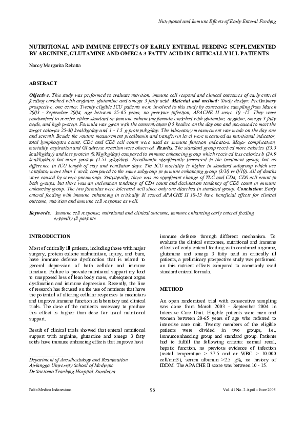(PDF) Nutritional and Immune Effects of Early Enteral Feeding ...