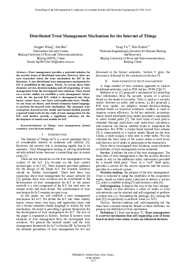 (PDF) Distributed trust management mechanism for the internet of things