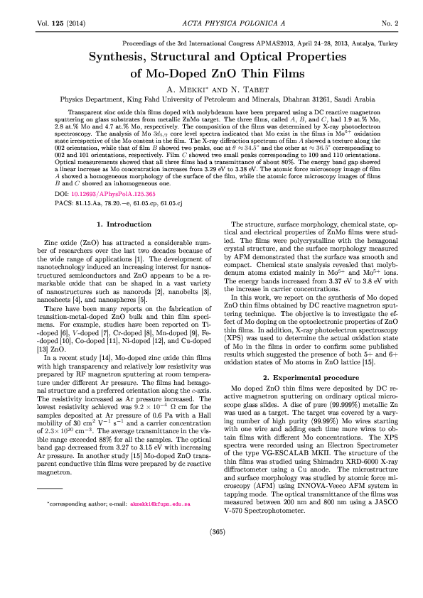 (PDF) Synthesis, Structural and Optical Properties of Mo-Doped ZnO Thin ...