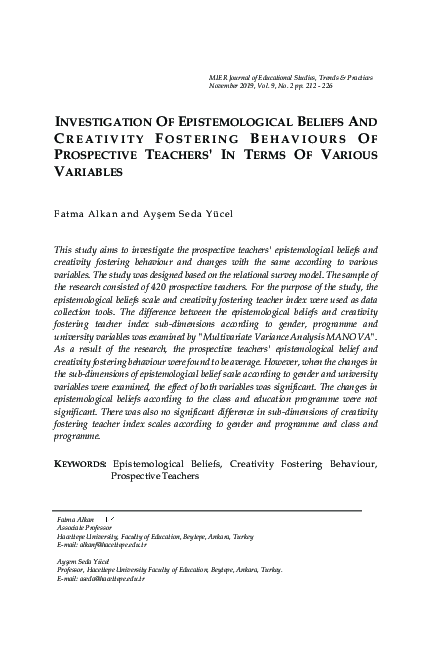 (PDF) Investigation of Epistemological Beliefs and Creativity Fostering ...