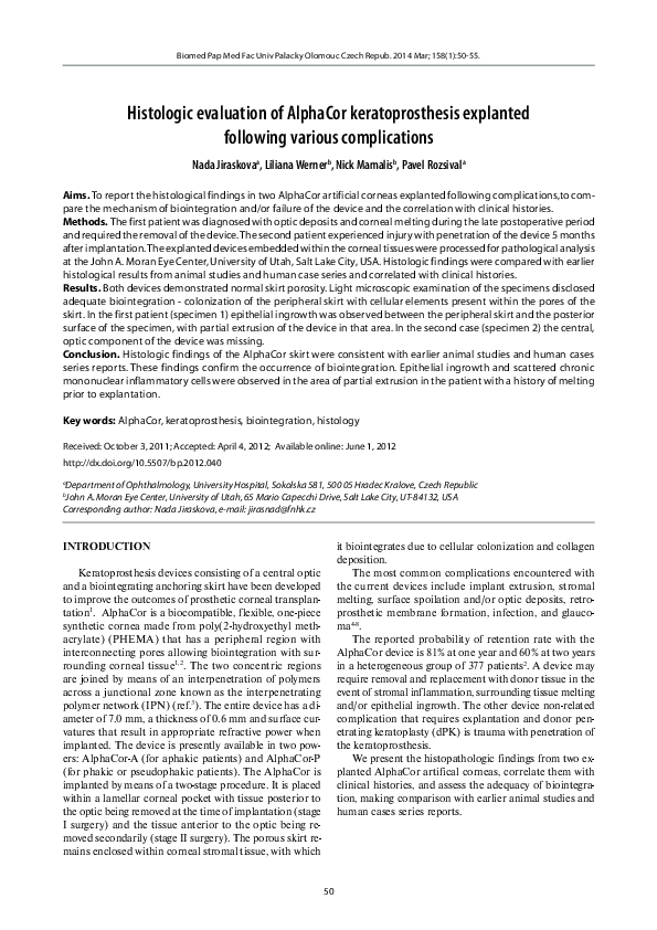 (PDF) Histologic evaluation of alphacor keratoprosthesis explanted ...