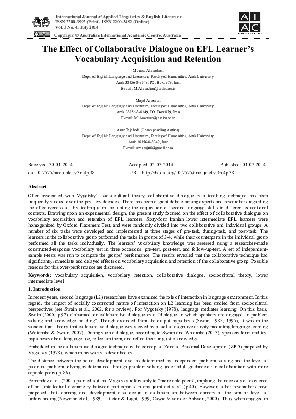 (PDF) The Effect of Collaborative Dialogue on EFL Learner’s Vocabulary ...