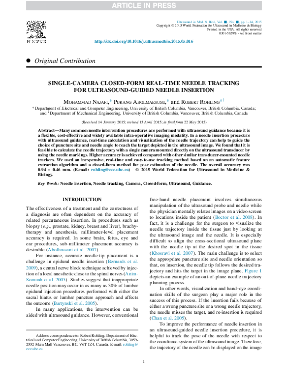 (PDF) Single-Camera Closed-Form Real-Time Needle Tracking for ...