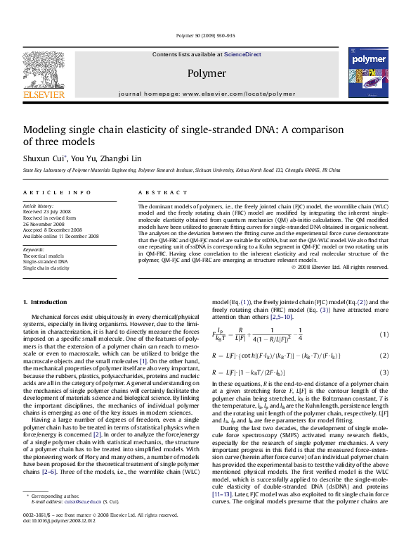 (PDF) Modeling single chain elasticity of single-stranded DNA: A ...