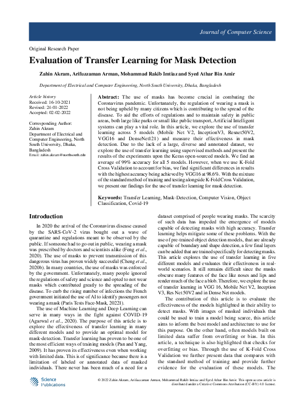 (PDF) Evaluation of Transfer Learning for Mask Detection