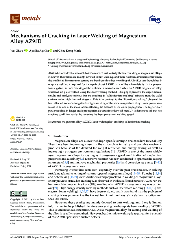 (PDF) Mechanisms of Cracking in Laser Welding of Magnesium Alloy AZ91D