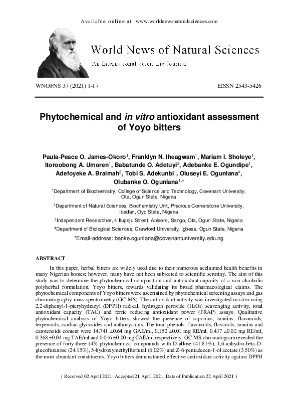 (PDF) Phytochemical and in vitro antioxidant assessment of Yoyo bitters