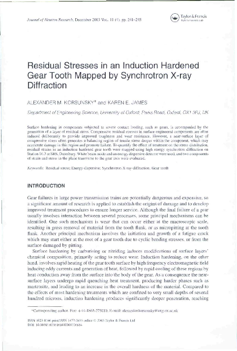 (PDF) Residual Stresses in an Induction Hardened Gear Tooth Mapped by ...