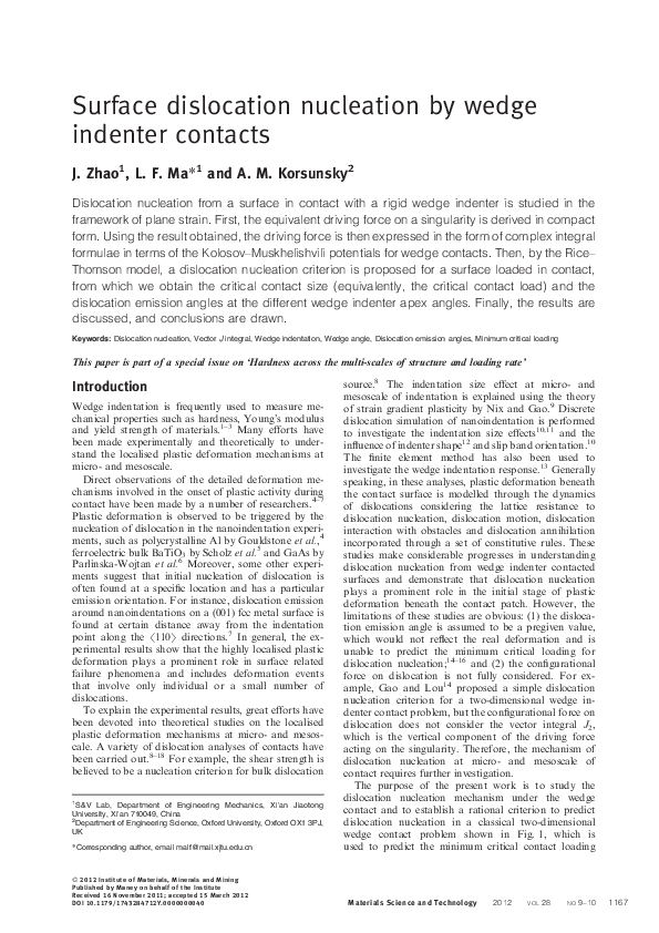 (PDF) Surface dislocation nucleation by wedge indenter contacts