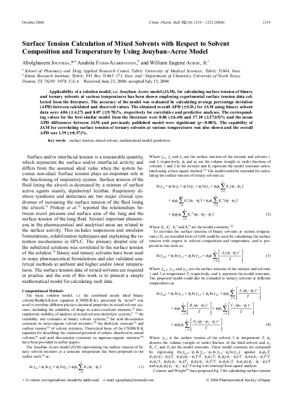 (PDF) Surface Tension Calculation of Mixed Solvents with Respect to ...