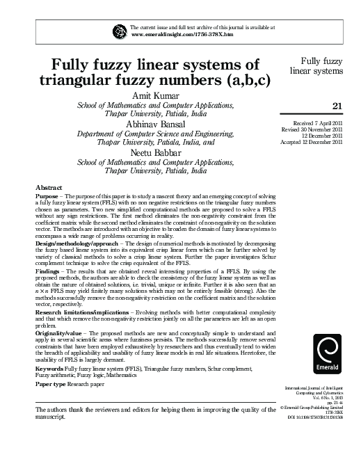(PDF) Fully fuzzy linear systems of triangular fuzzy numbers (a,b,c)