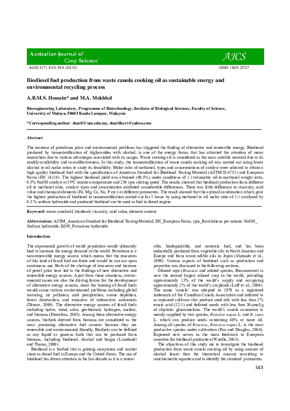 (PDF) Biodiesel fuel production from waste canola cooking oil as ...
