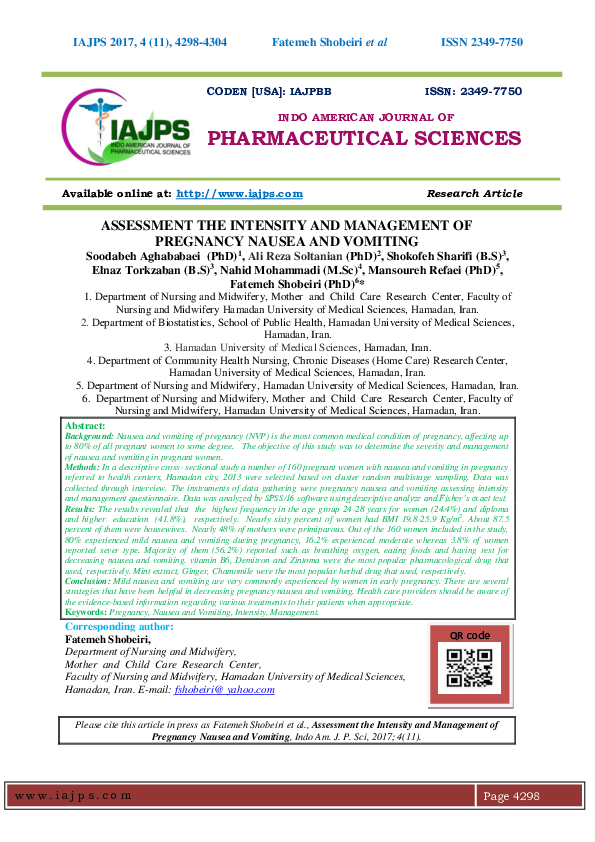 (PDF) Assessment the Intensity and Management of Pregnancy Nausea and ...