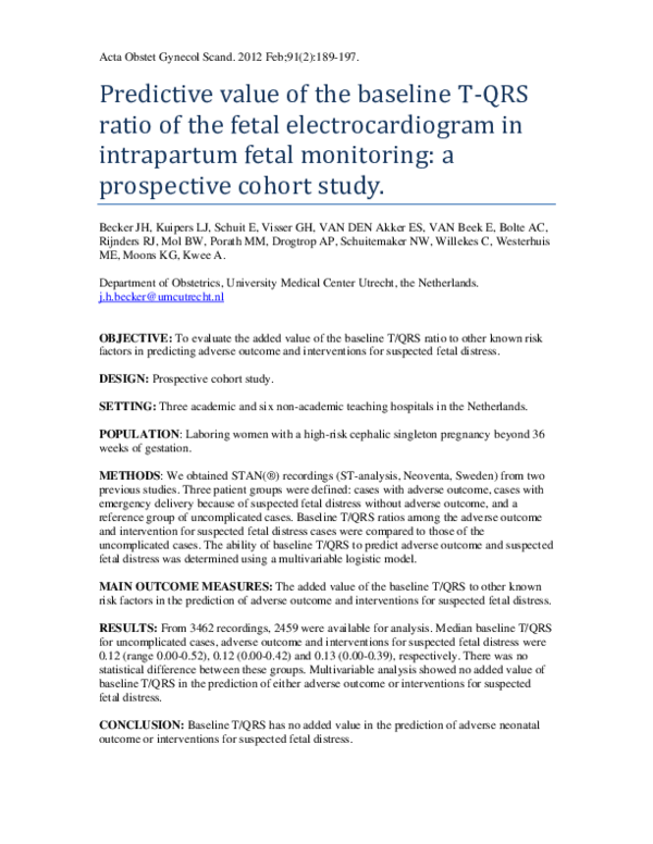 (PDF) Predictive value of the baseline T-QRS ratio of the fetal ...