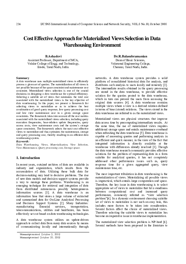 (PDF) Cost Effective Approach for Materialized Views Selection in Data ...