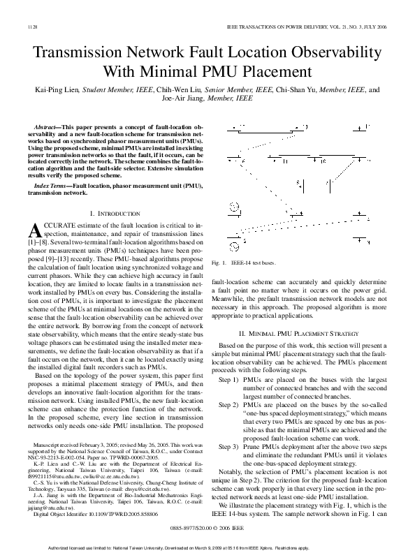 (PDF) Transmission Network Fault Location Observability With Minimal ...