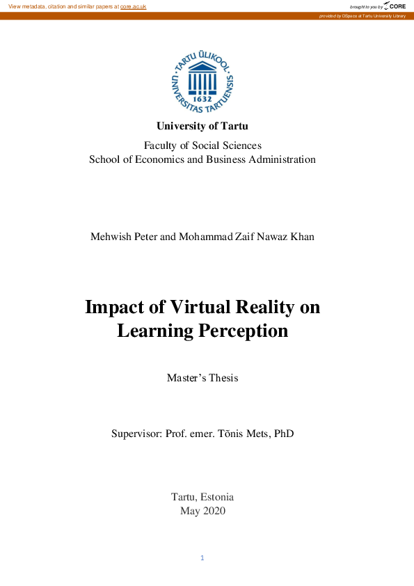Pdf Impact Of Virtual Reality On Learning Perception