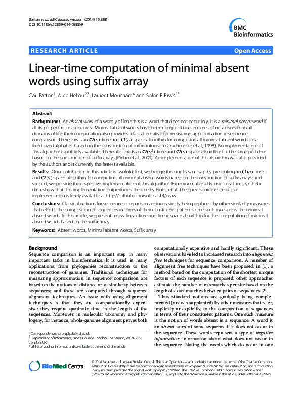 (PDF) Linear-time computation of minimal absent words using suffix array