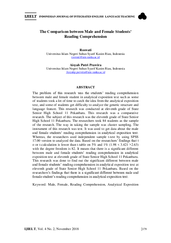 (PDF) The Comparison between Male and Female Students’ Reading ...