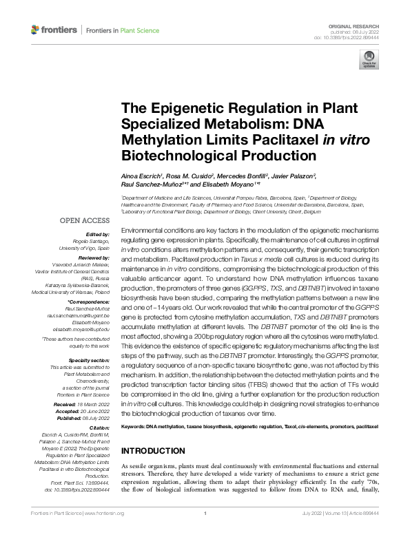 (PDF) The Epigenetic Regulation in Plant Specialized Metabolism: DNA ...