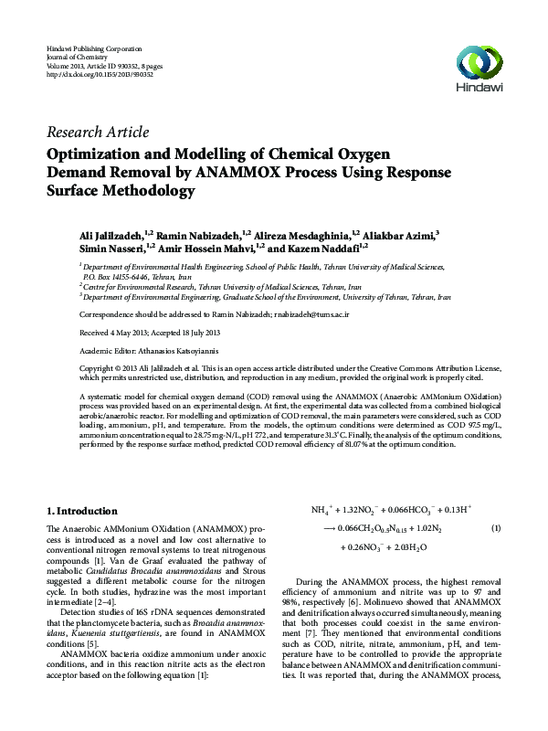(PDF) Optimization and Modelling of Chemical Oxygen Demand Removal by ...
