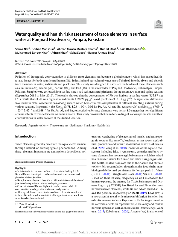 (PDF) Water quality and health risk assessment of trace elements in ...