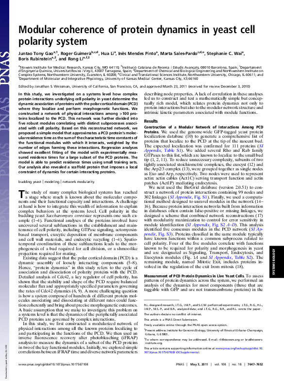 (PDF) Modular coherence of protein dynamics in yeast cell polarity system