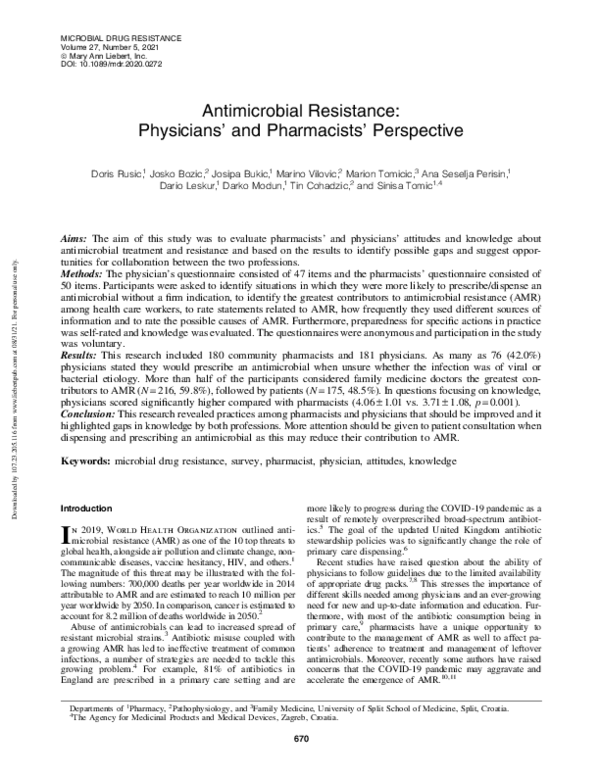 (PDF) Antimicrobial Resistance: Physicians' and Pharmacists' Perspective