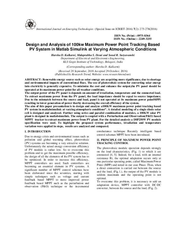 (PDF) Design and Analysis of 100kw Maximum Power Point Tracking Based ...