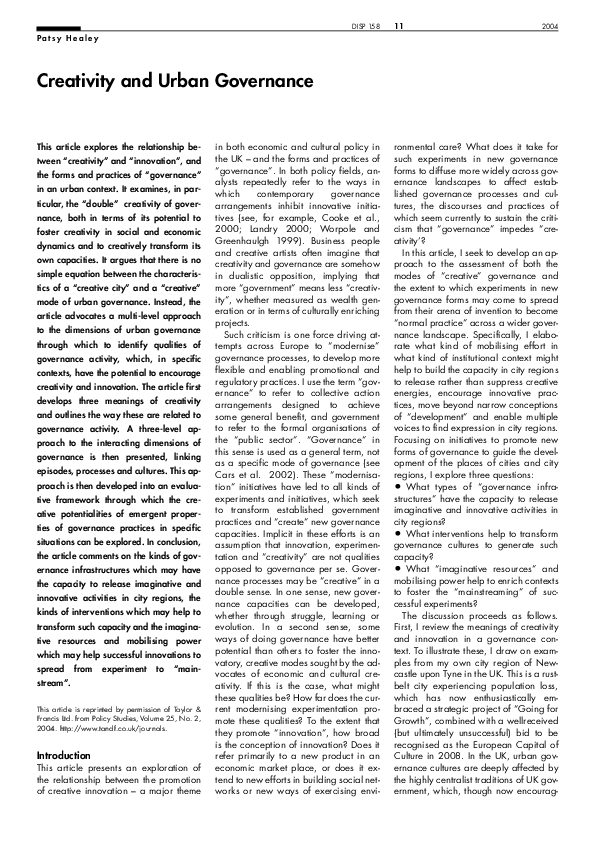 (PDF) Creativity and Urban Governance